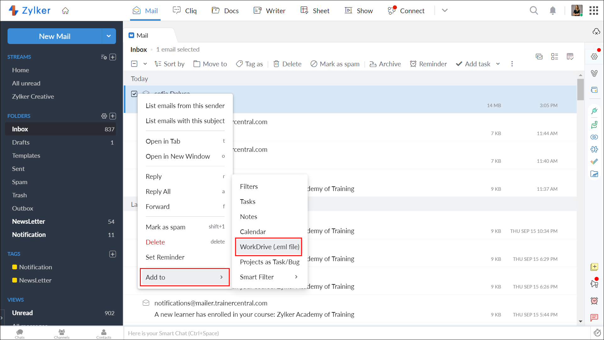 Save emails from Zoho Mail as EML files in WorkDrive