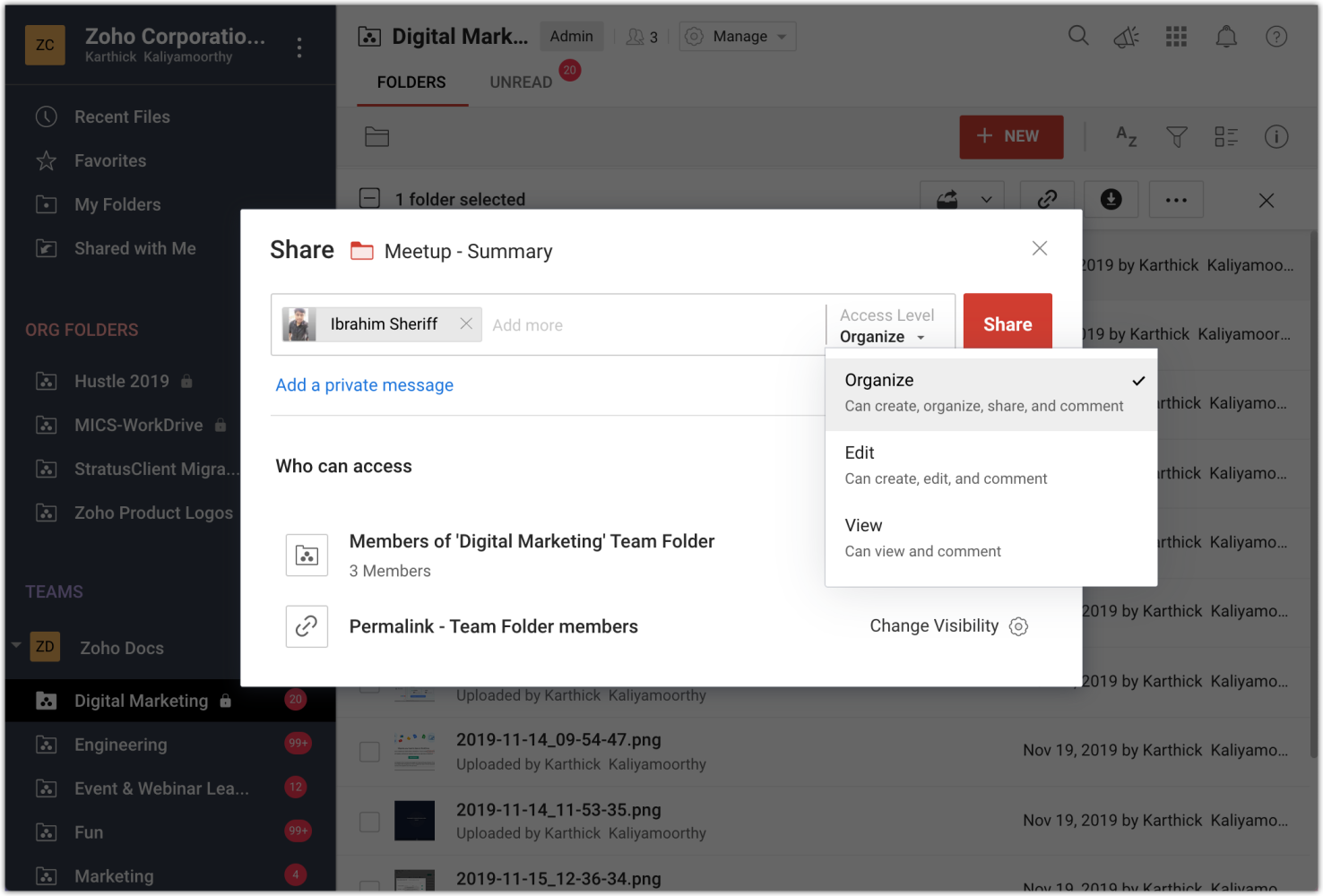 Grant 'Share' access to files and 'Organize' permissions for folders in Team Folders