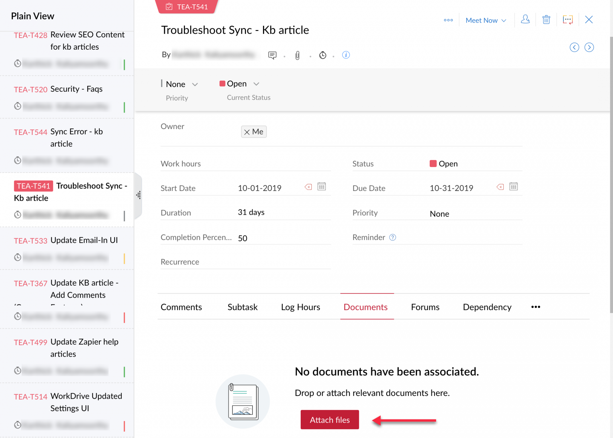 Pick from WorkDrive option enabled in Zoho Projects