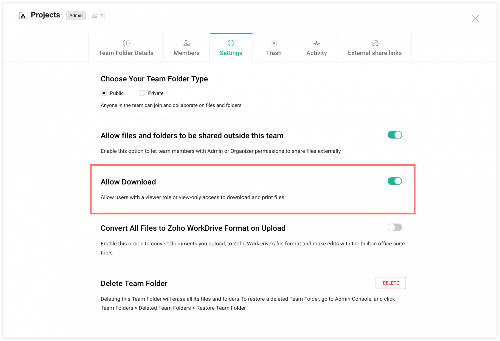 Allow or restrict downloads in Team Folders