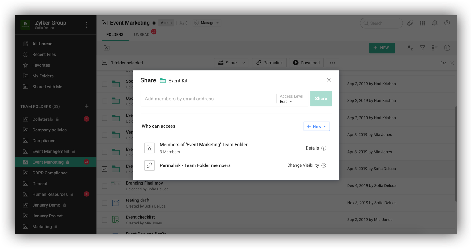 Edit permissions for externally shared folders