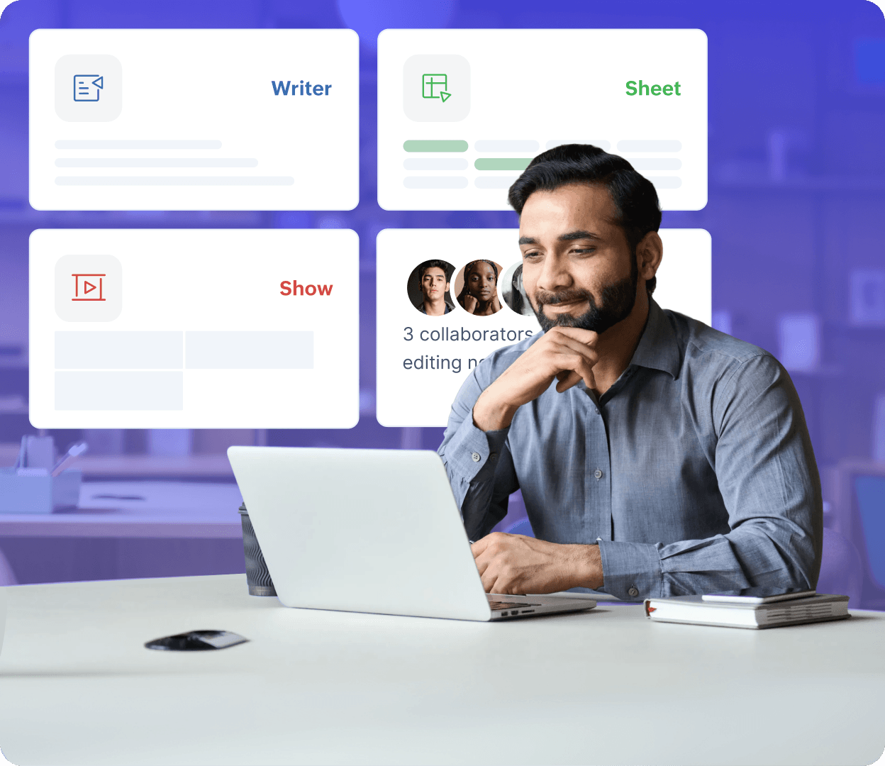 a person looking at their laptop with the Zoho Office Suite in the background