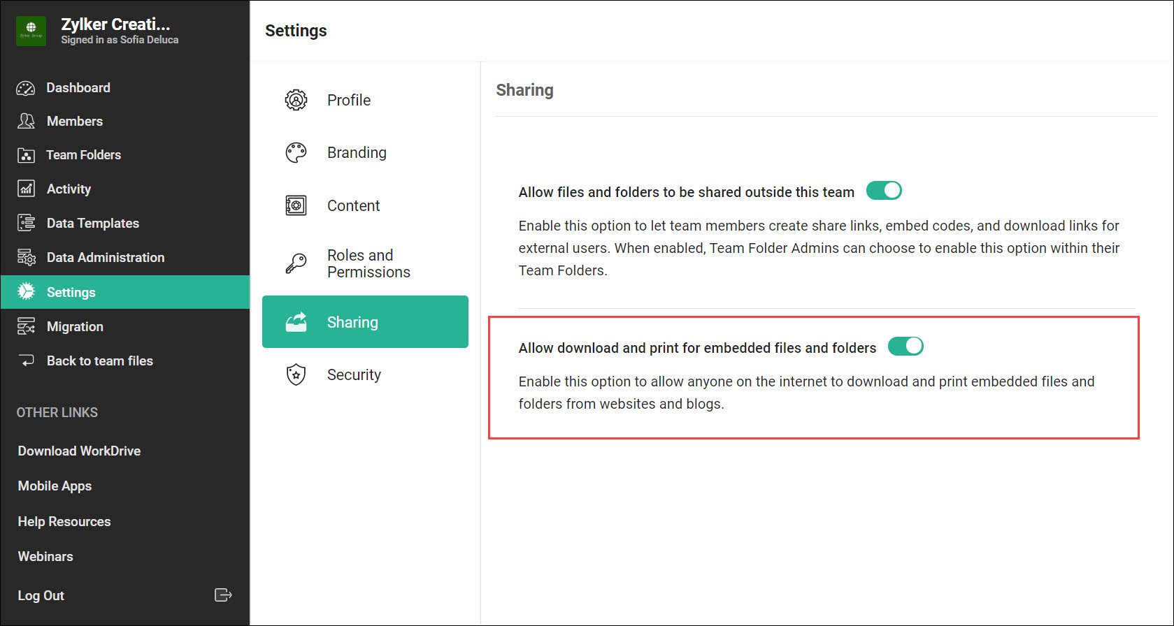 Download and print permissions for embedded files and folders