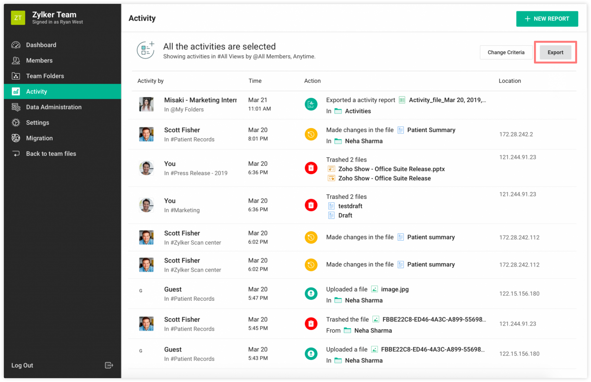 Export your Team Activity Report
