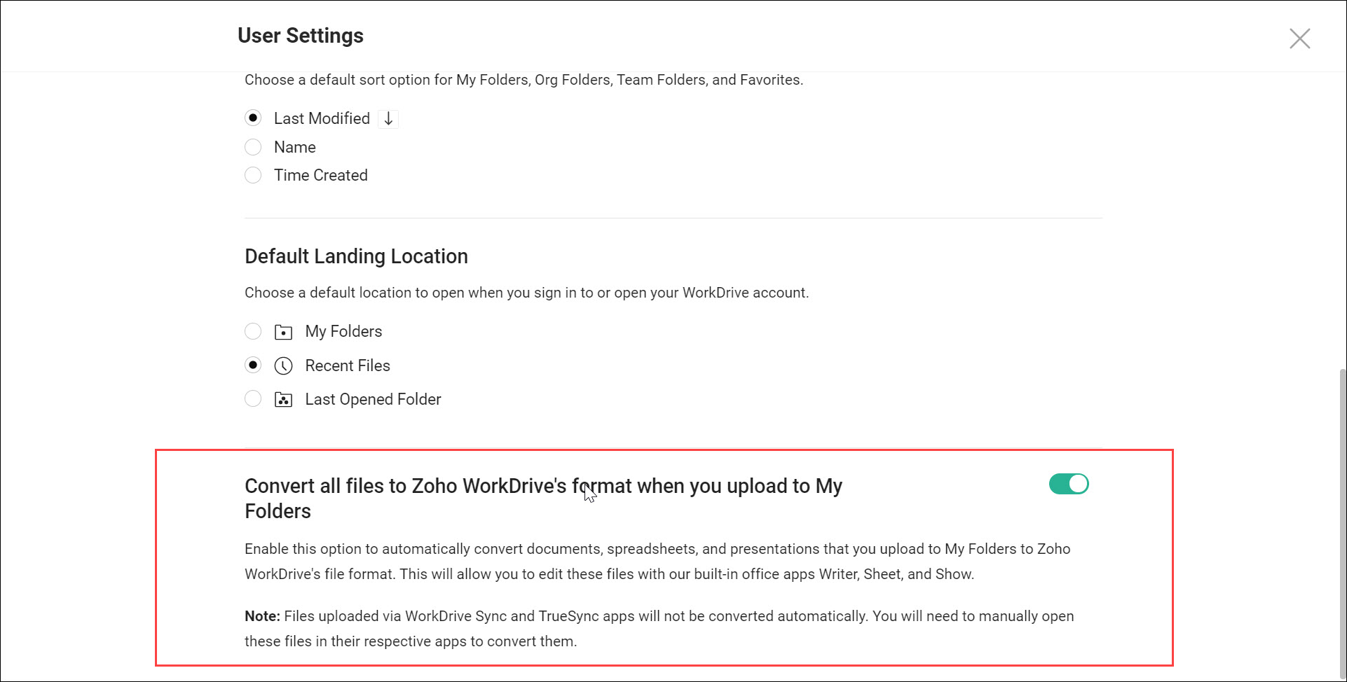 File conversion settings in My Folders