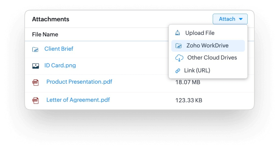 The option to upload files from Zoho WorkDrive to Zoho CRM modules
