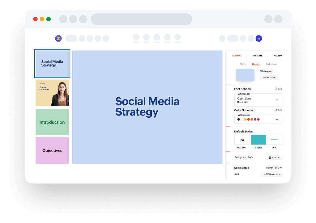 A team collaborating on a Zoho Show presentation titled 'Social Media Strategy'