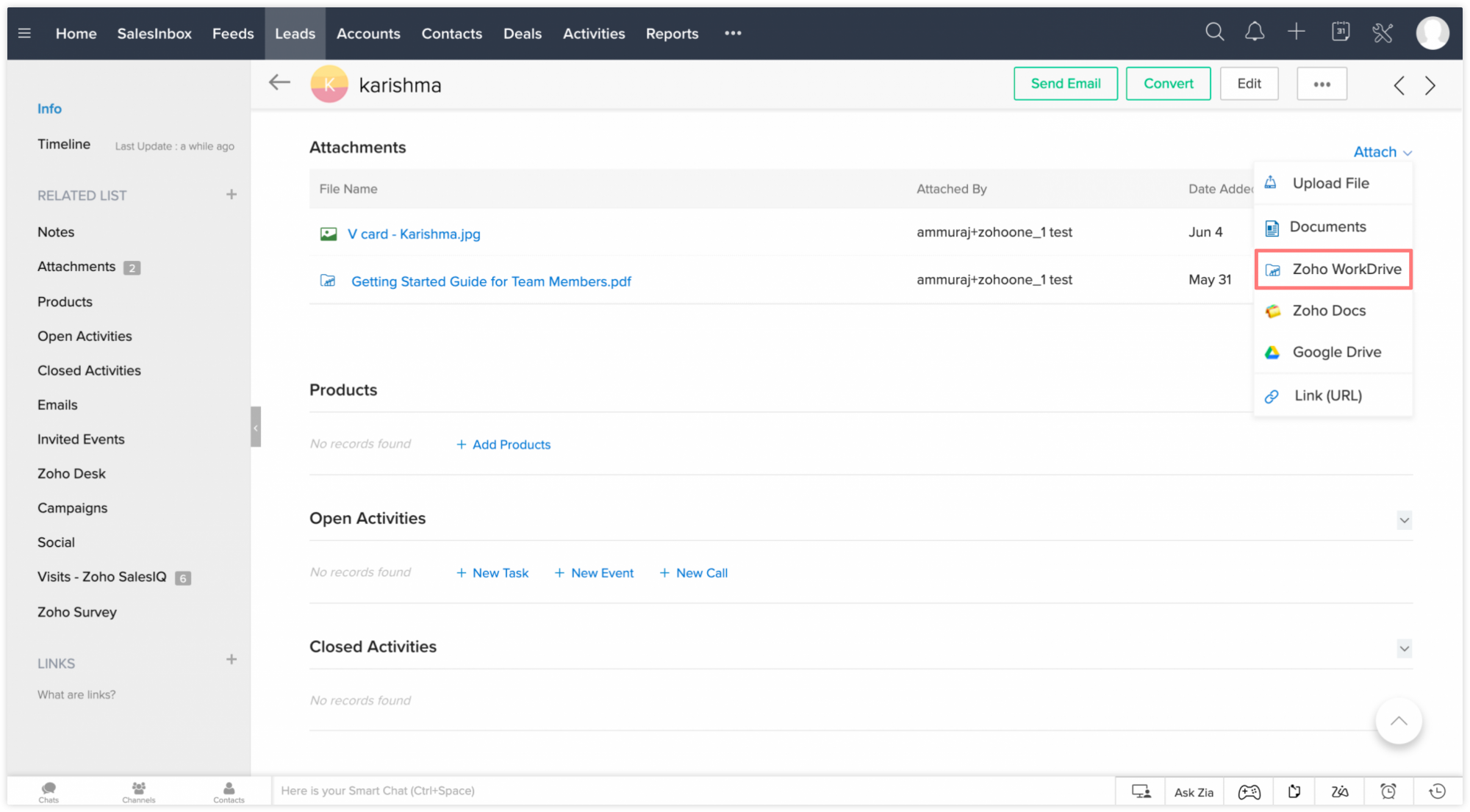 WorkDrive picker enabled in CRM for Zoho One users