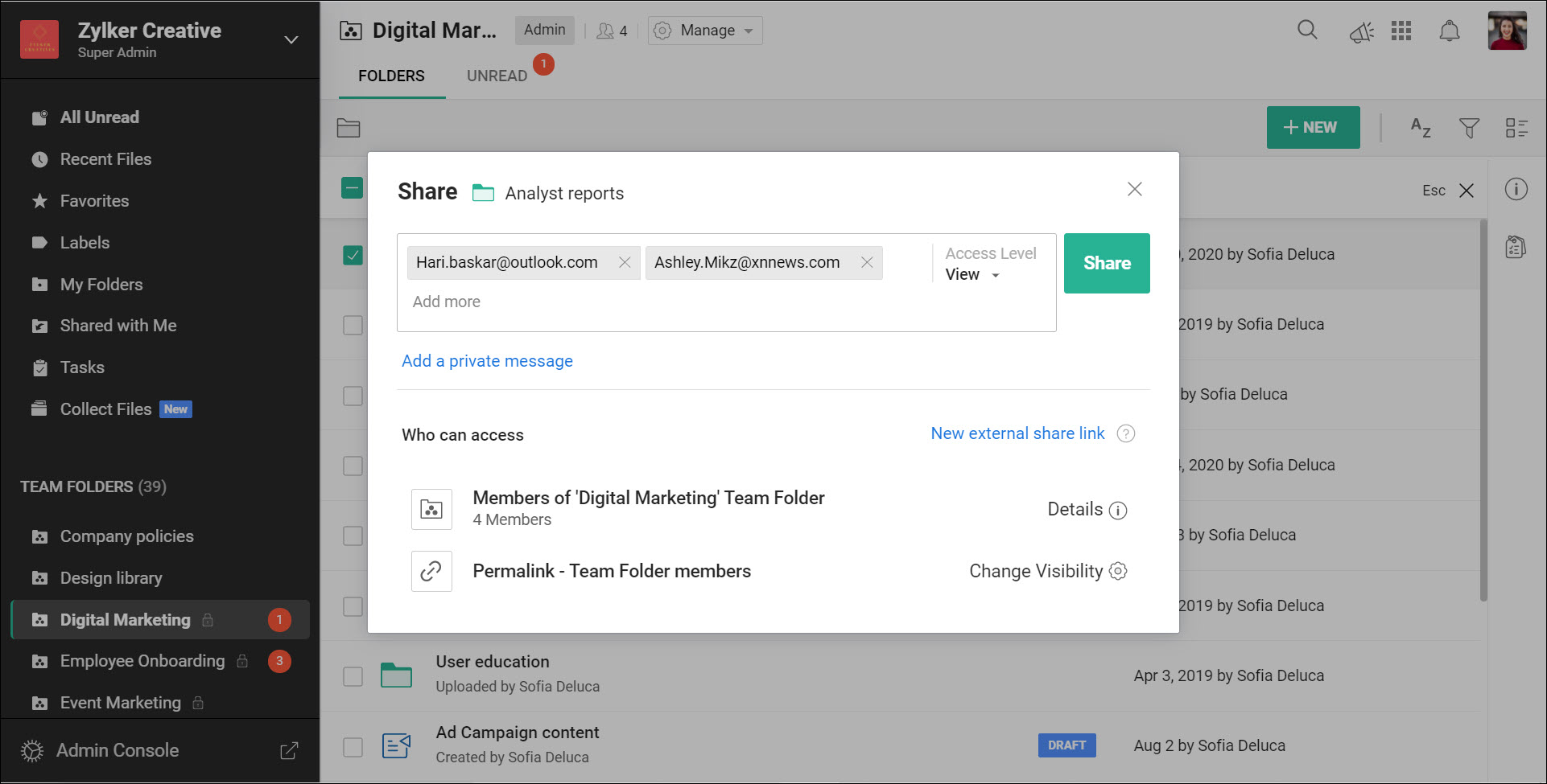Share files and folders with external users directly using email addresses