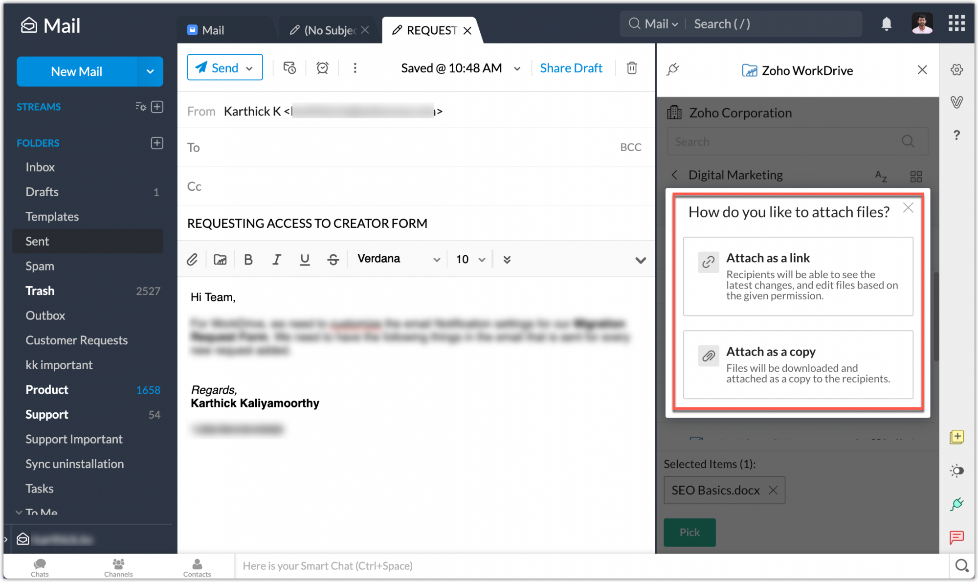 WorkDrive Picker for Zoho Mail