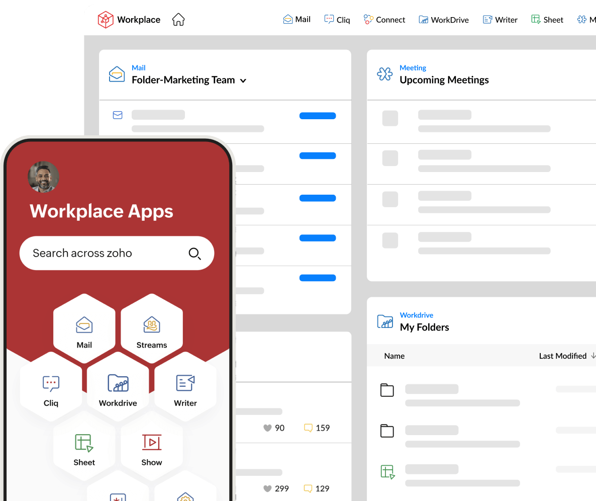 Zoho Workplace mobile and desktop app screens displaying email, files, and calendars, highlighting offline access and flexibility.