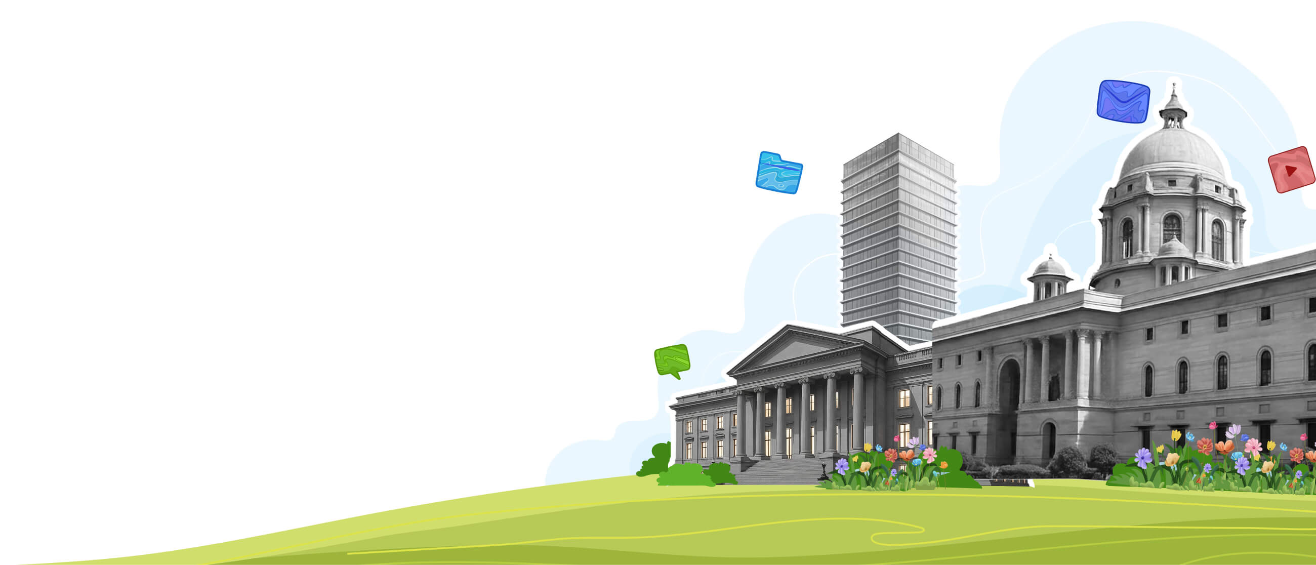 Illustration of a government office representing government workers supported by Zoho Workplace.