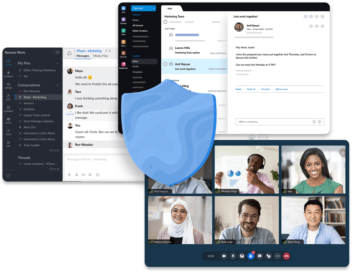Tools showing email, chat, and video within a protected workspace.