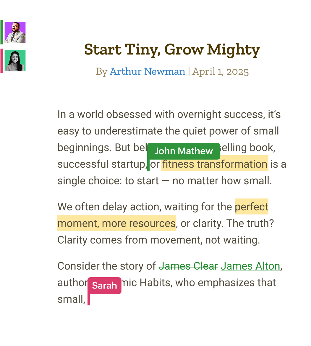 An image showing real-time collaboration in Zoho Writer highlighting multi-user editing, change tracking, and live cursors for collaborator