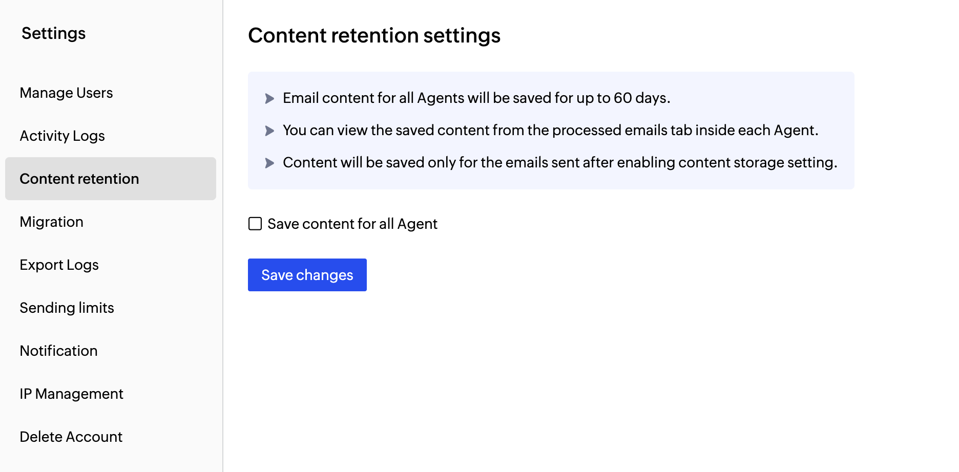 Content retention settings in ZeptoMail Content retention settings in ZeptoMail
