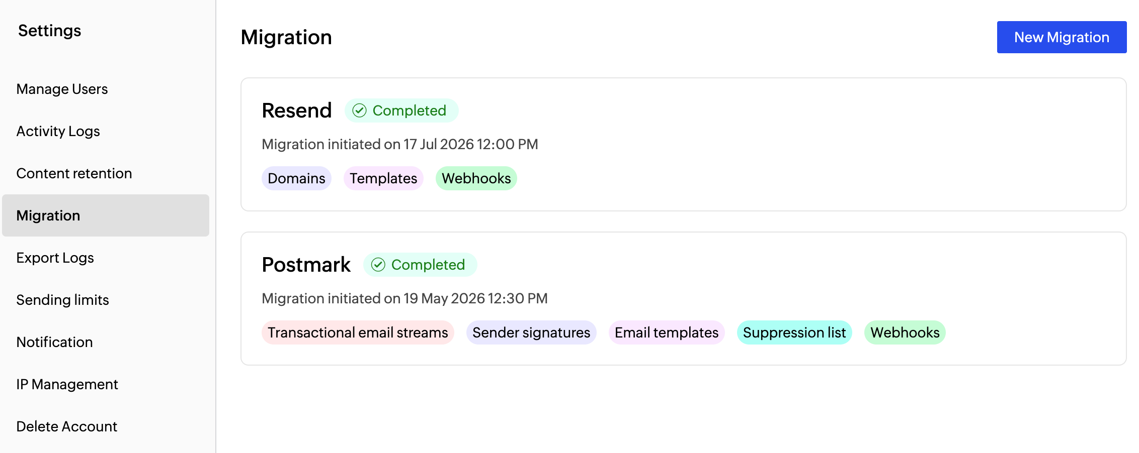 View the progress of your data migration in the migration window in ZeptoMail View the progress of your data migration in the migration window in ZeptoMail