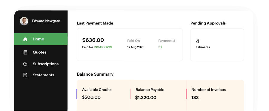 Pantalla de Zoho Billing: portal del cliente