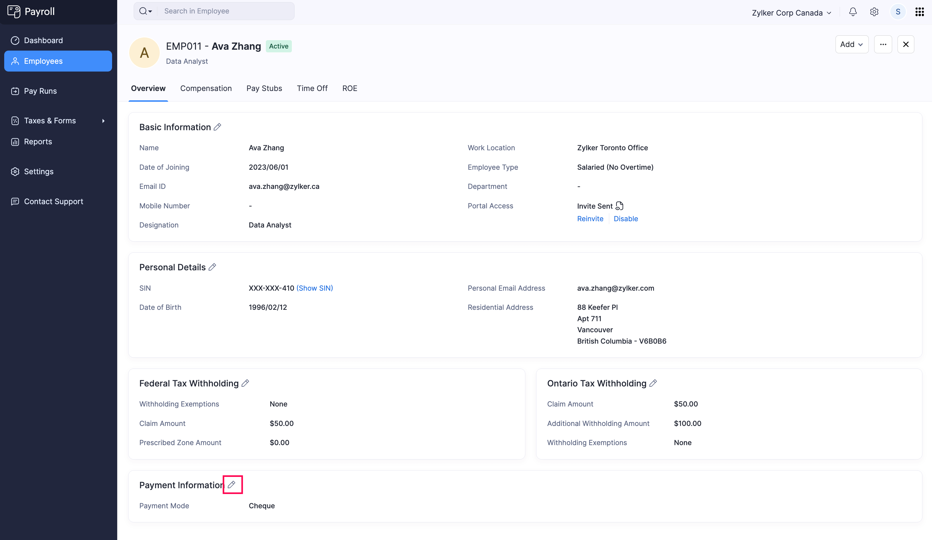 Click Edit Icon to Edit the Payment Details of an Employee