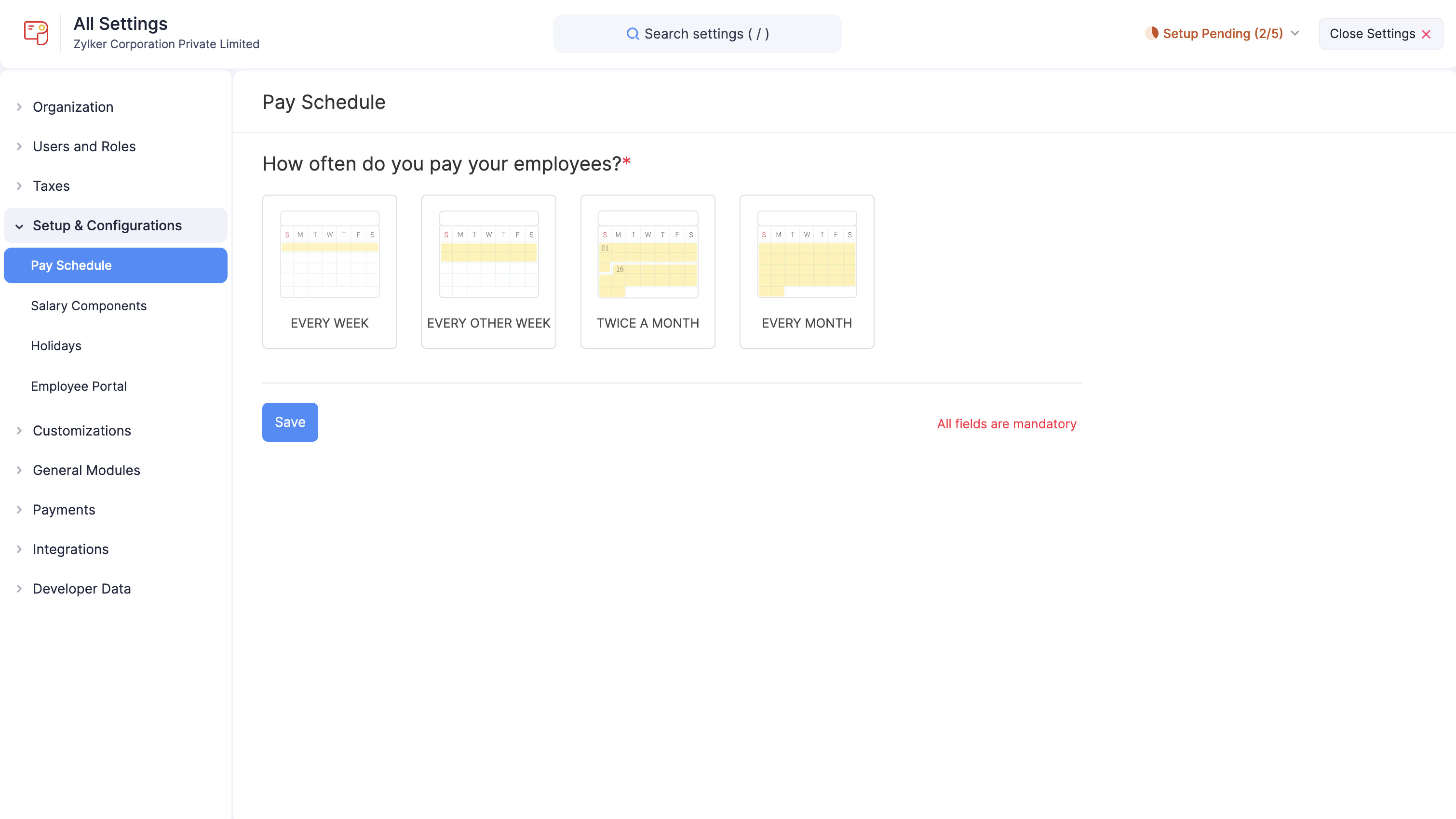 Select Pay Frequency in Zoho Payroll