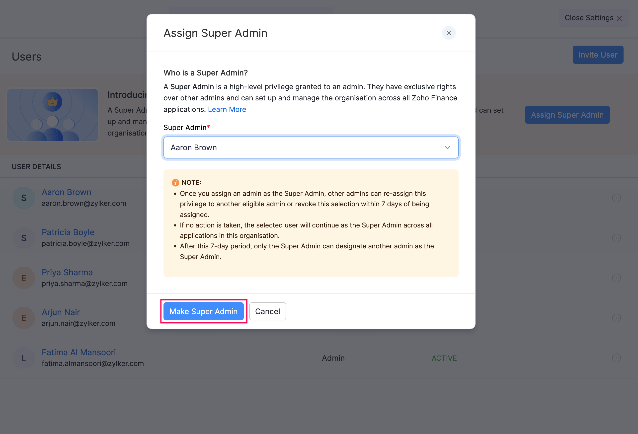 Assign Super Admin modal
