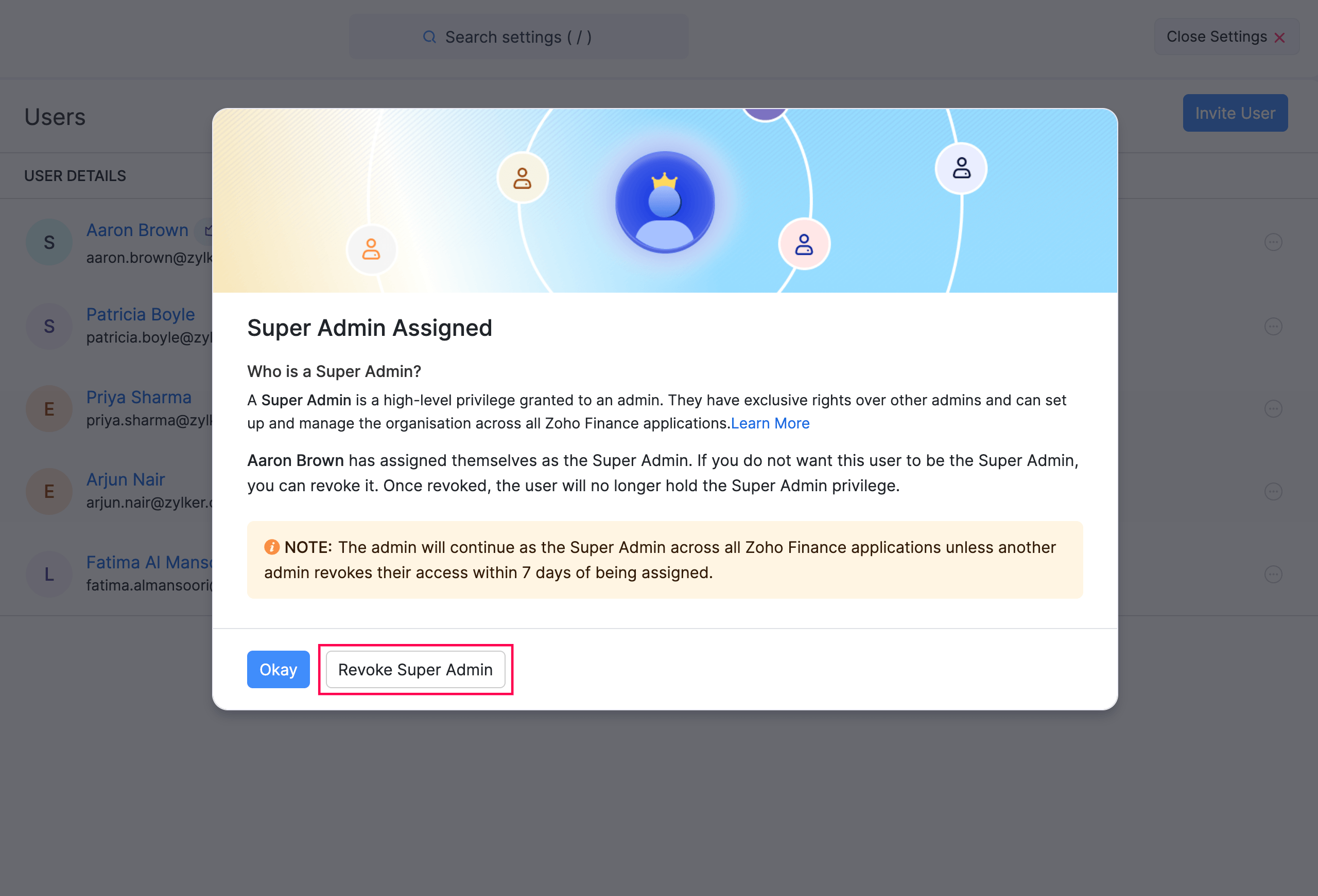 Revoke Super Admin notification