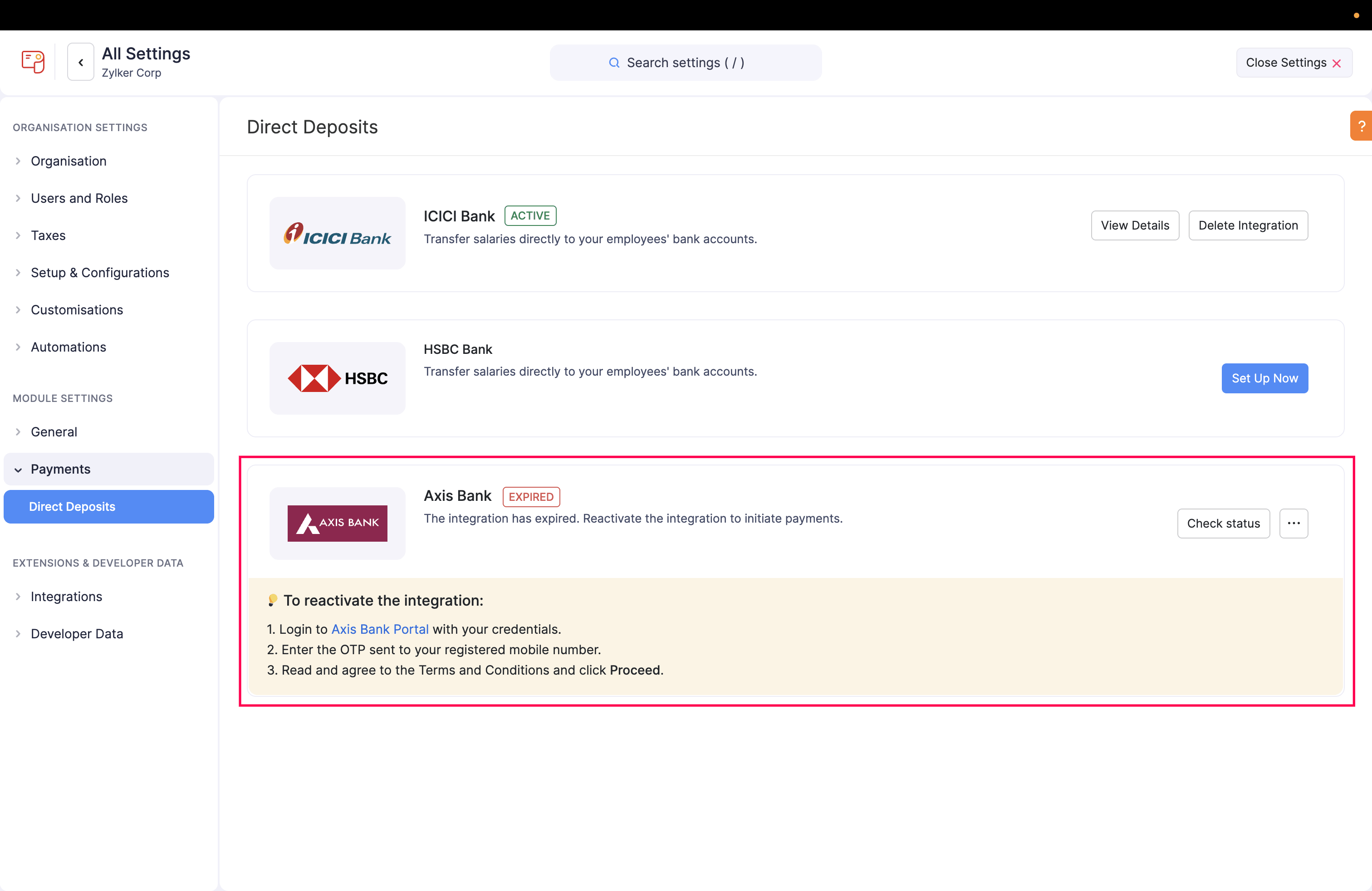 Expired Active Bank Integration