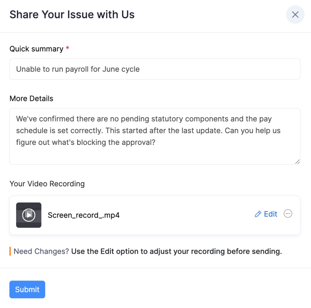 Share Your Issue with Us after recording a video