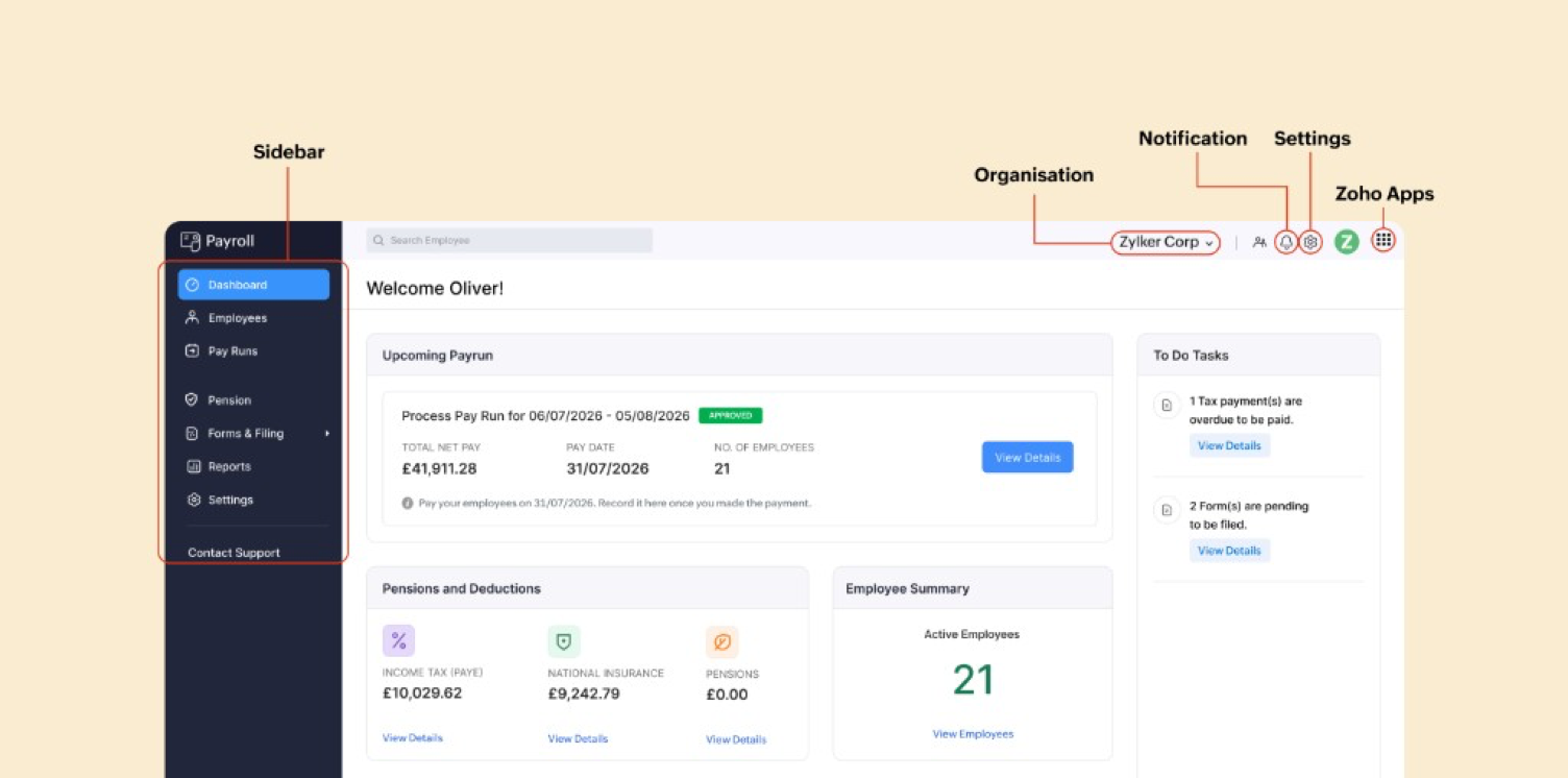 Navigate Zoho Payroll: sidebar, organisation switcher, notifications, settings, and Zoho Apps