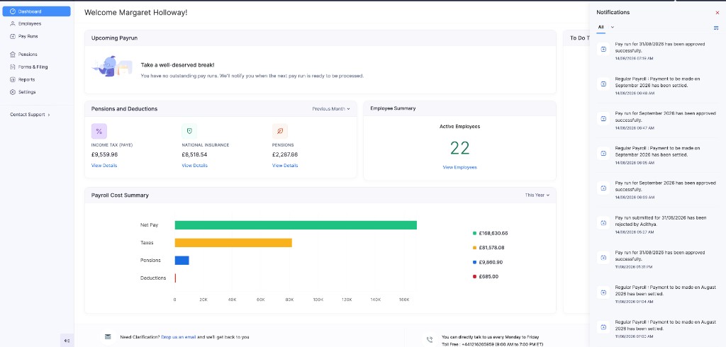 Notifications panel in Zoho Payroll