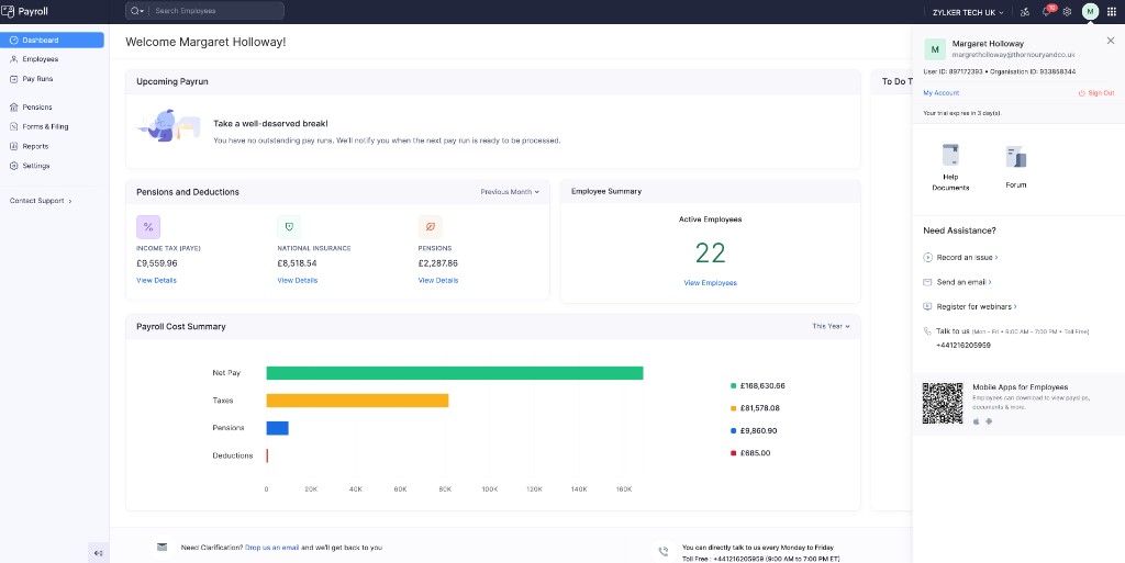 Profile panel with Help Documents, Forum, and Need Assistance