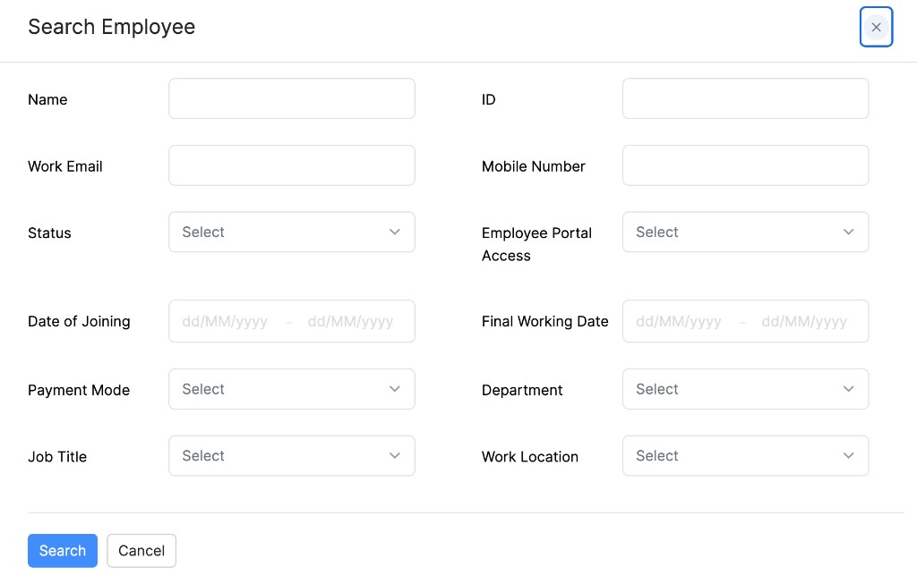 Search Employee window with name, ID, status, and other filters
