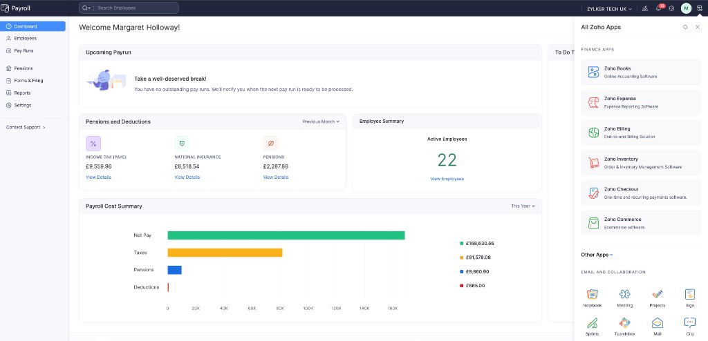 All Zoho Apps panel from the Zoho Payroll header