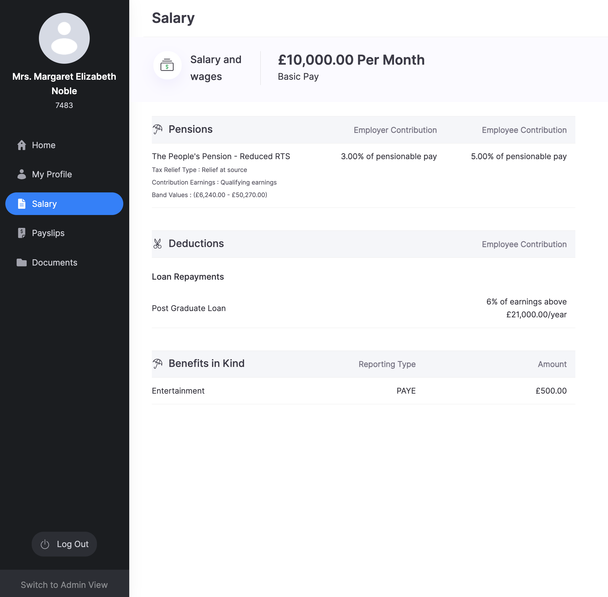 Salary page in the Employee Portal with pensions, deductions, and Benefits in Kind