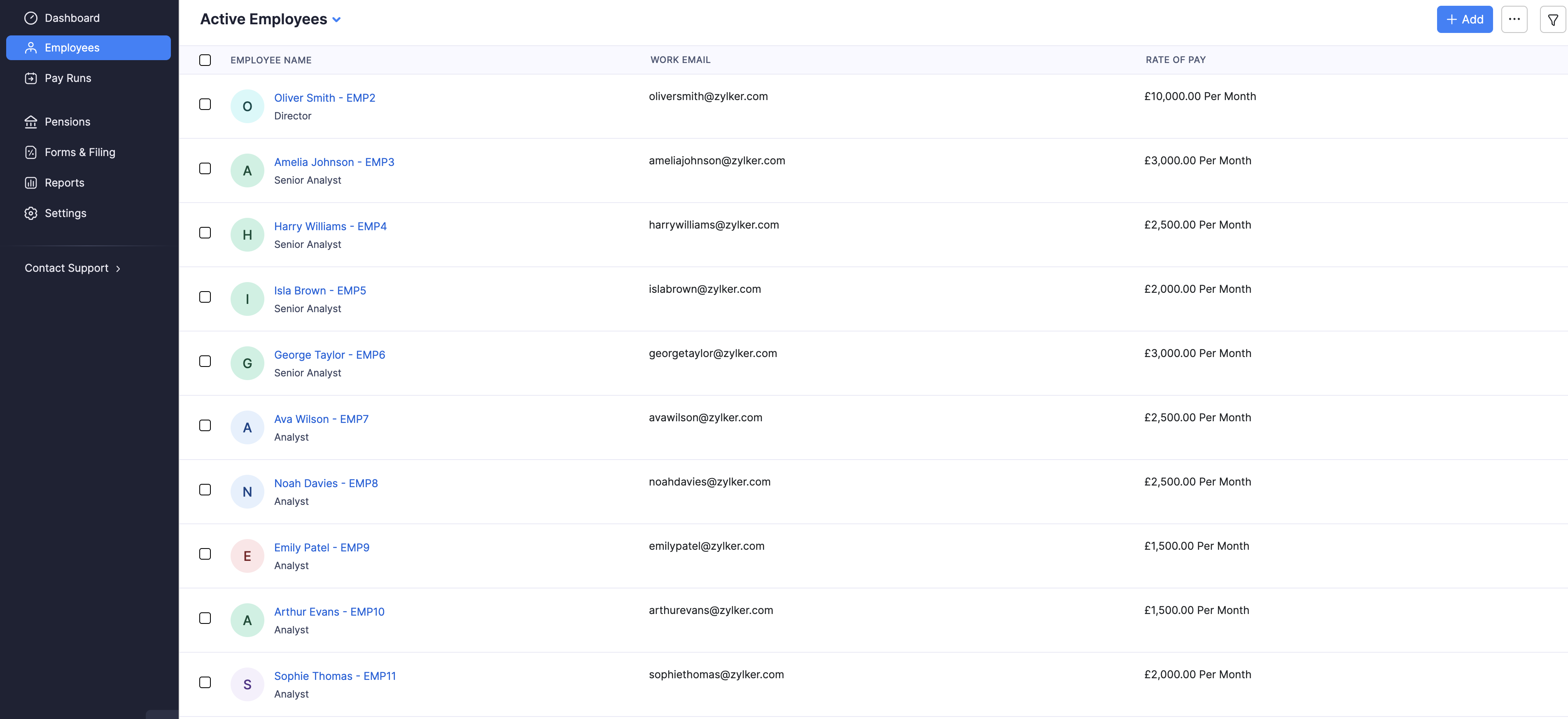 Active Employees list with name, work email, and rate of pay