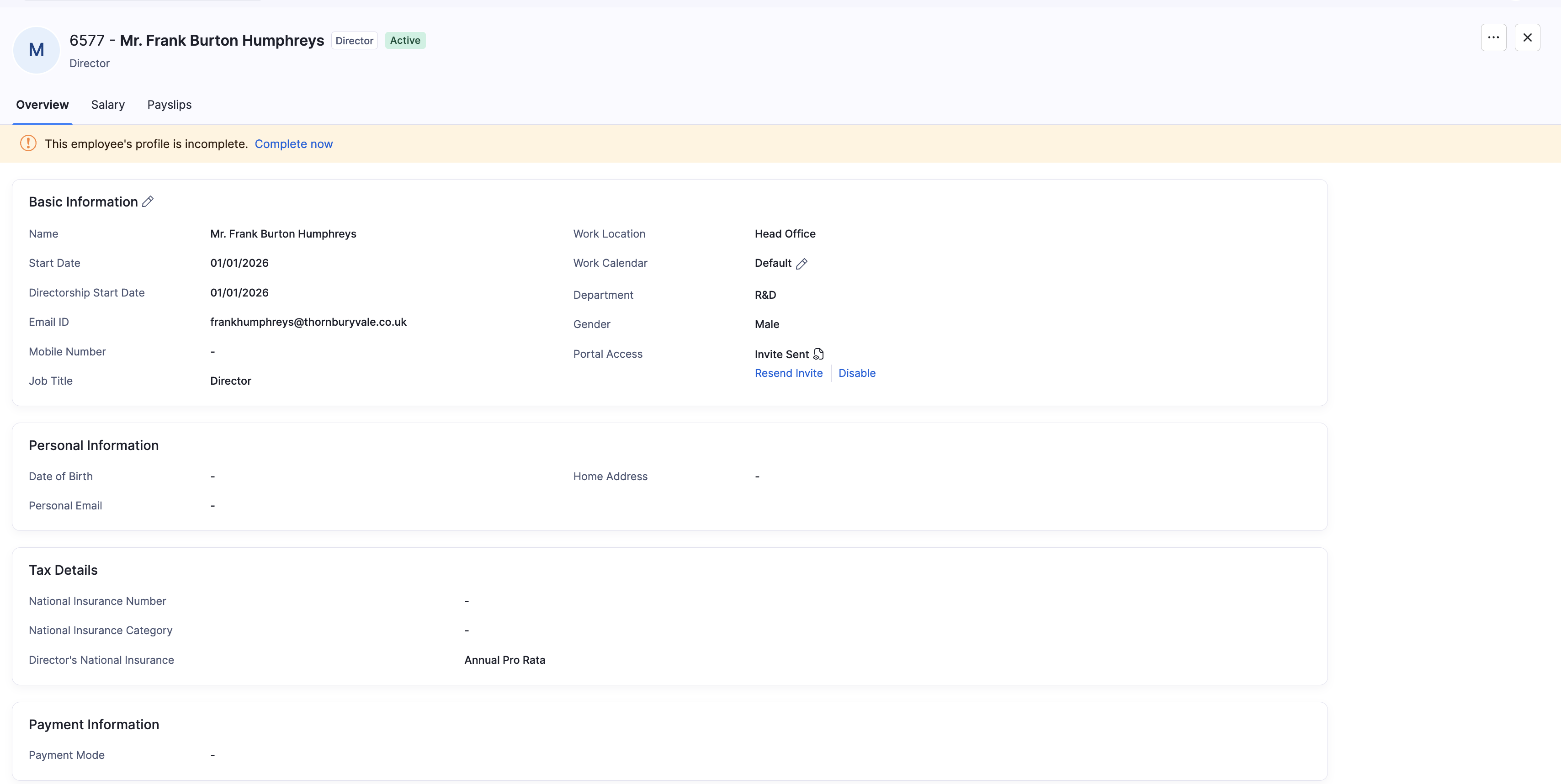 Incomplete profile banner with Complete now on an employee