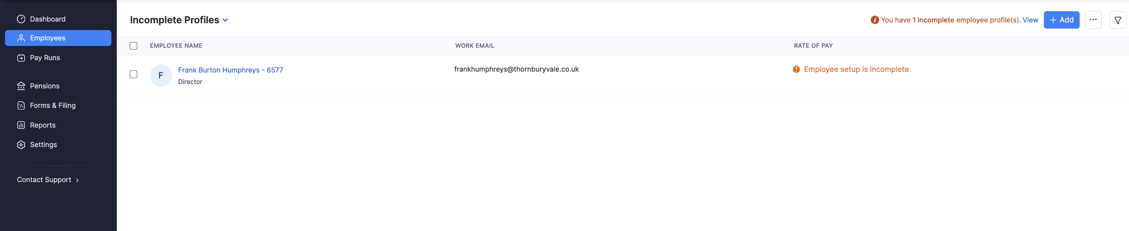 Incomplete Profiles list for employees whose setup is not finished