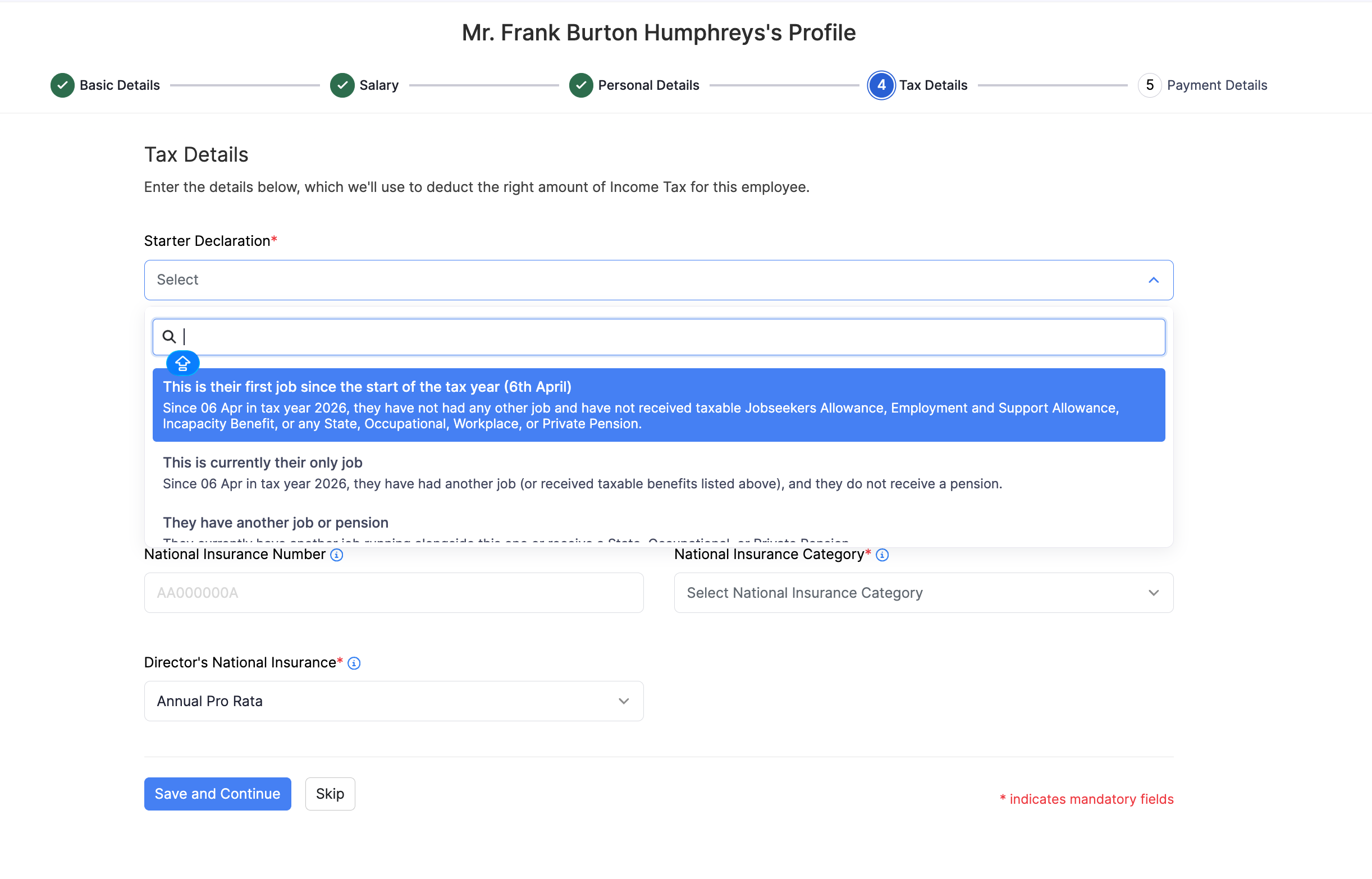 Tax Details with starter declaration options