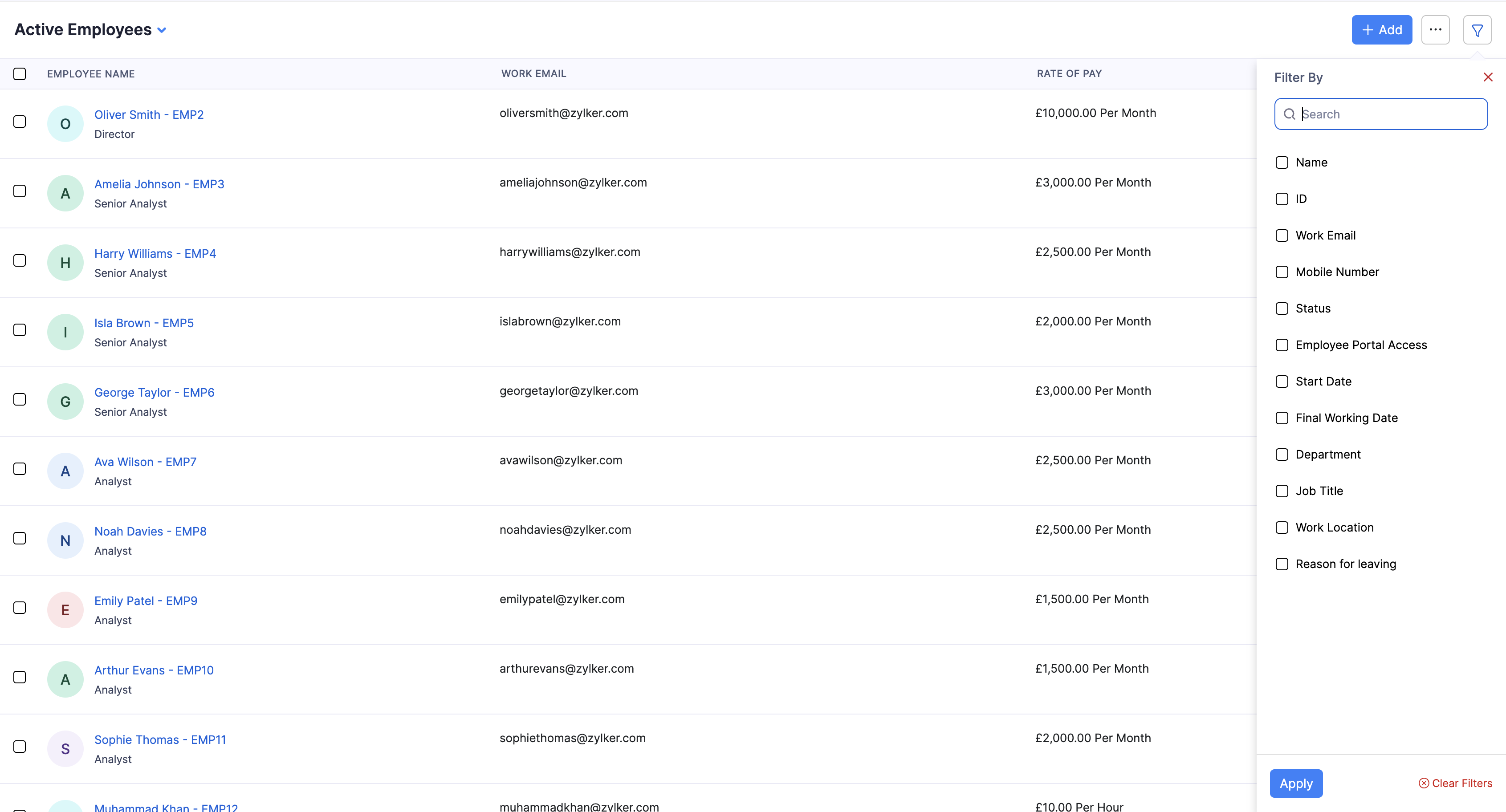 Employee list filters for status and dates