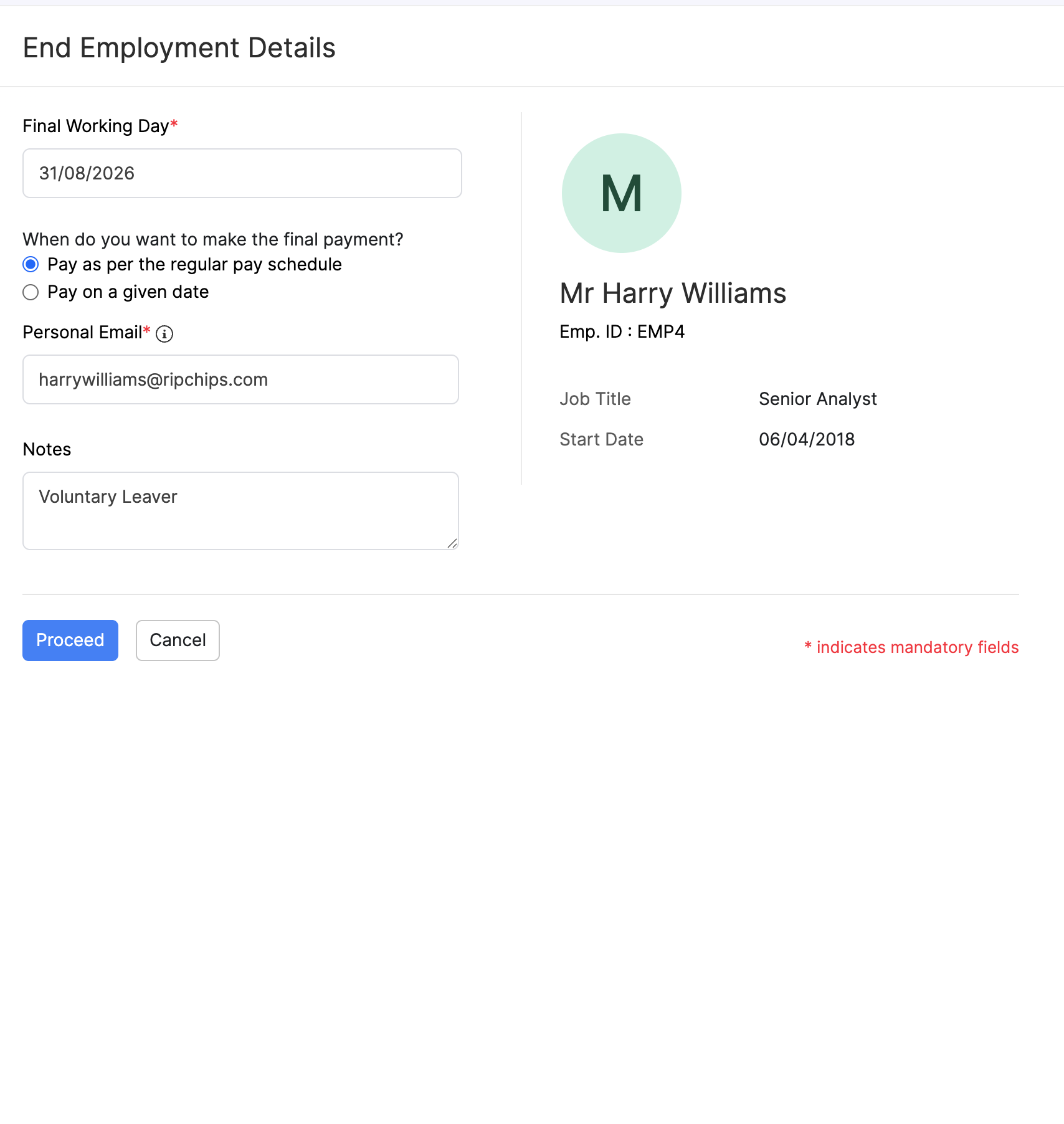 End Employment Details with final working day and pay schedule