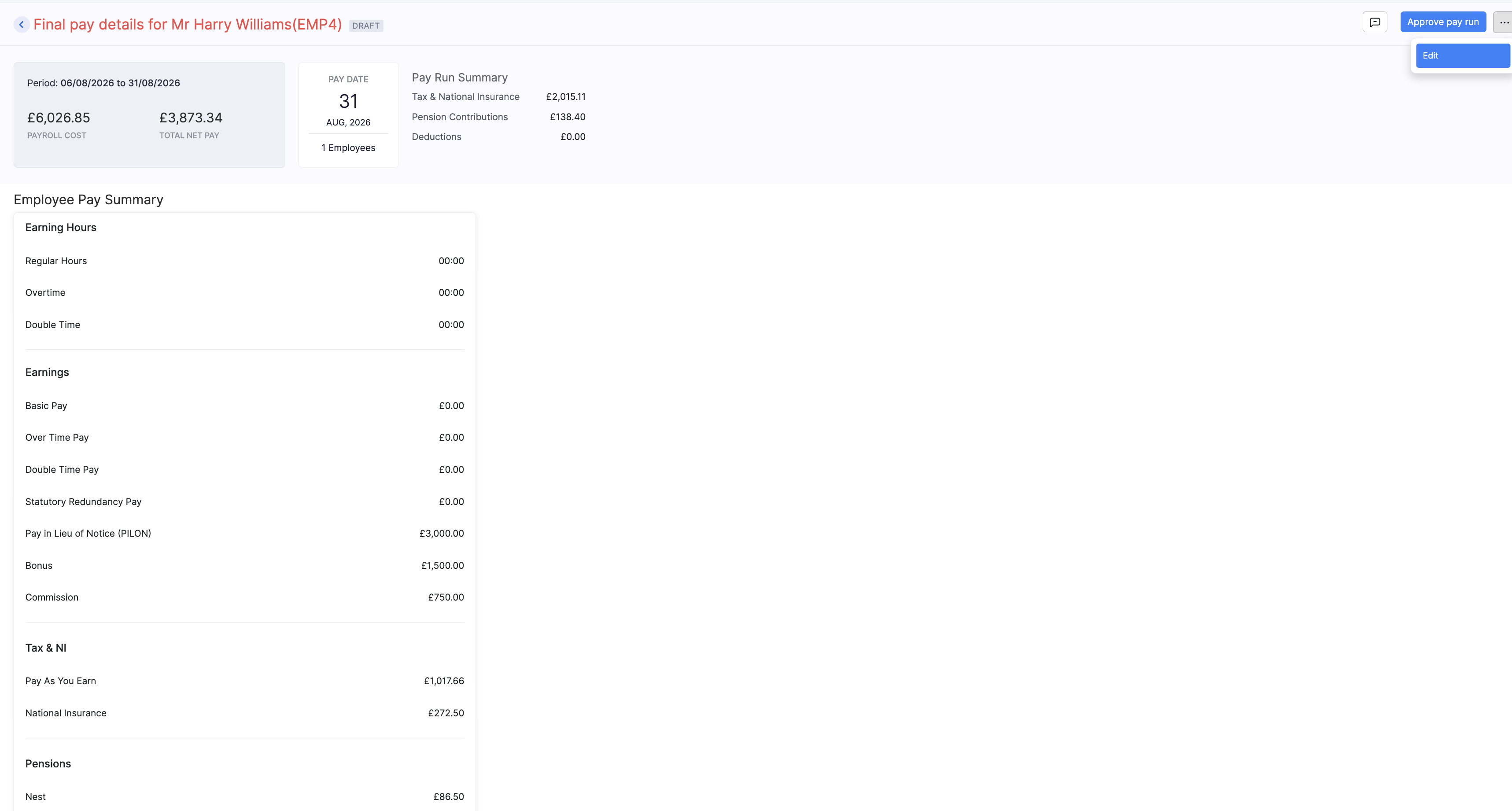 Edit option on a Final Settlement Payroll
