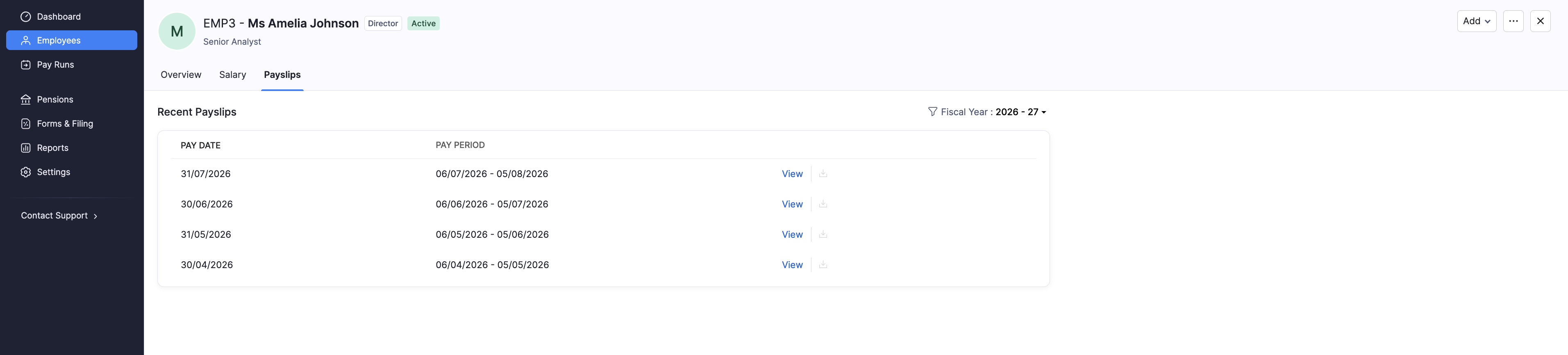 Employee Payslips tab with pay date and pay period