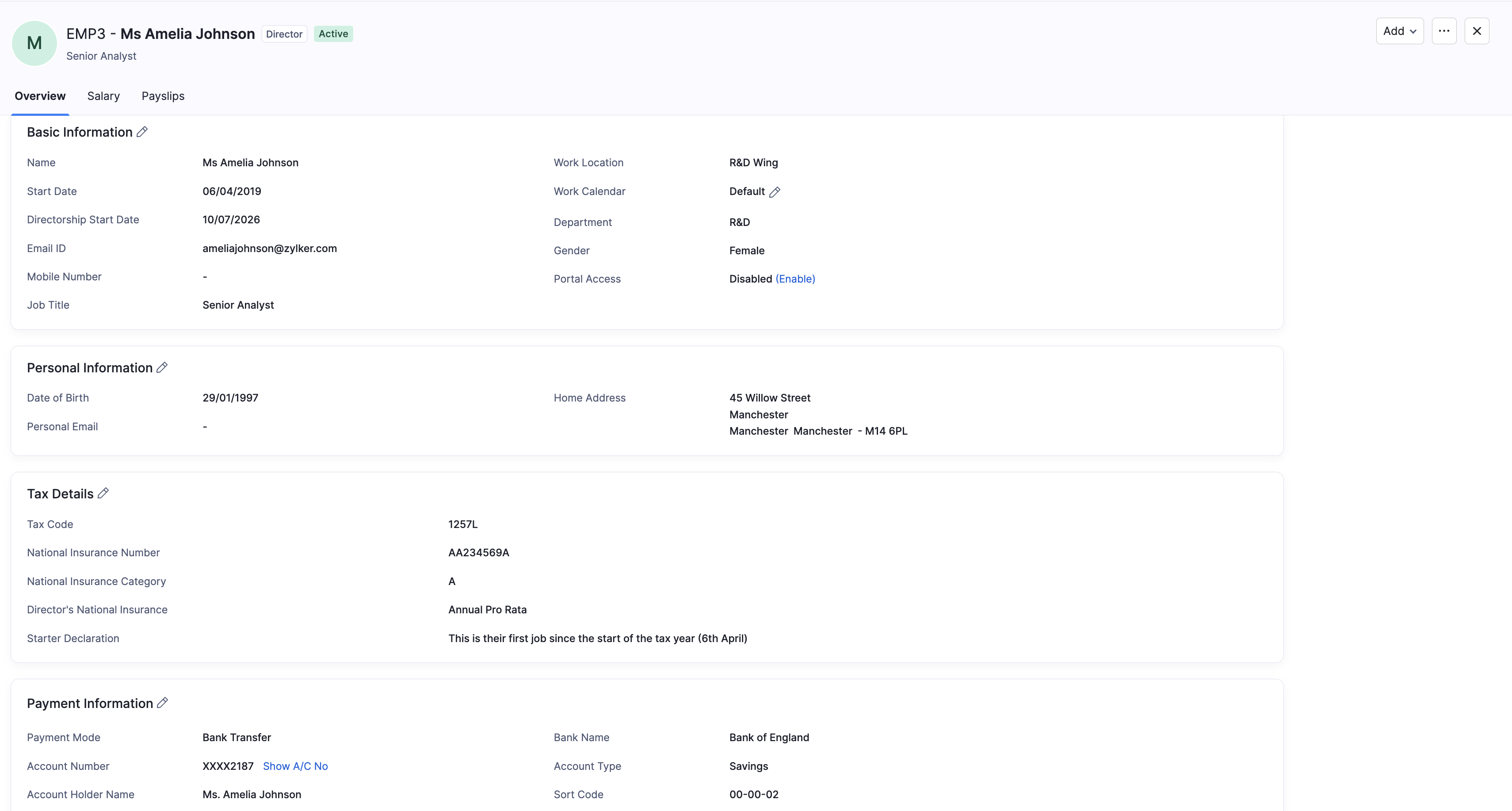 Employee overview showing payment information