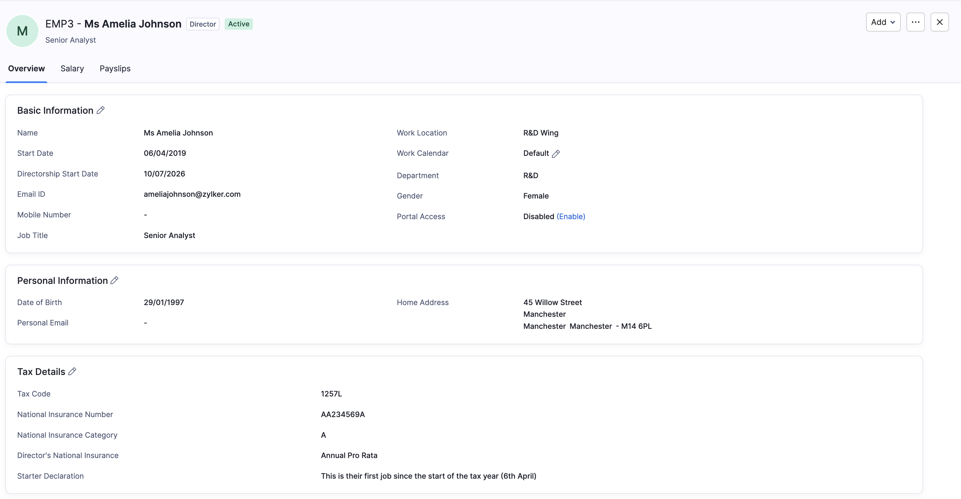 Employee overview showing Portal Access Disabled with Enable link