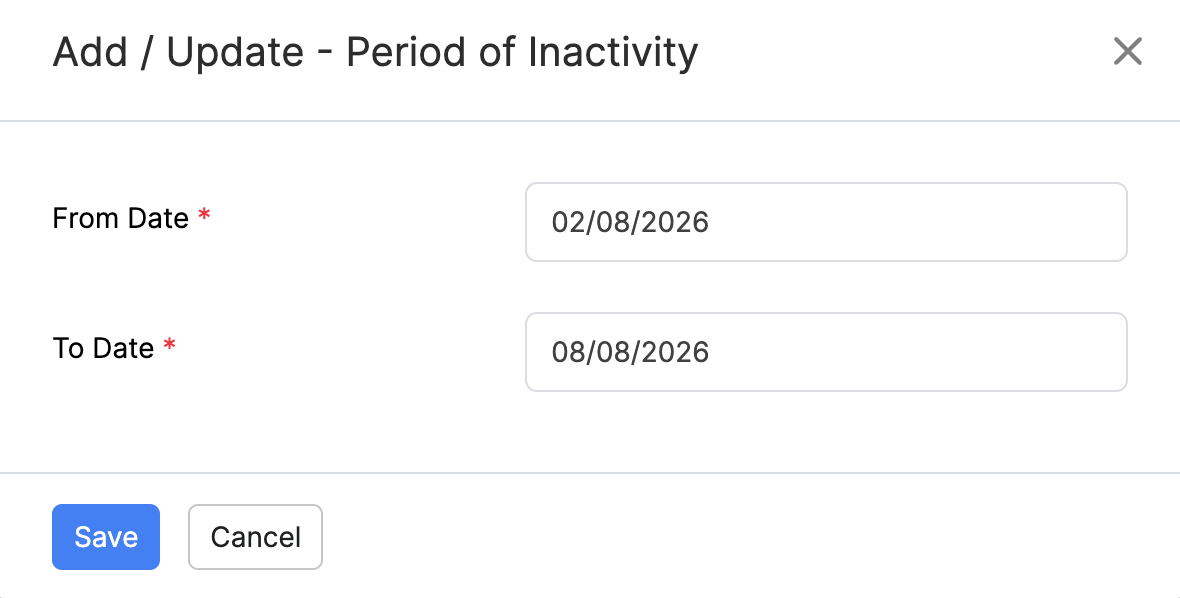 Add or update Period of Inactivity dates on an EPS