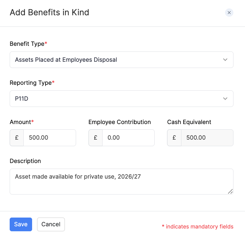 Add Assets Placed at Employees Disposal as a Benefit in Kind