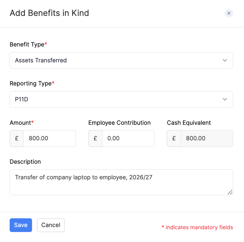 Add Assets Transferred as a Benefit in Kind
