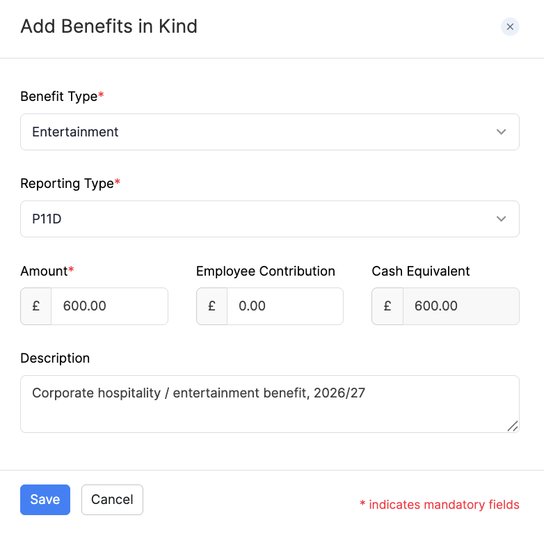 Add Entertainment as a Benefit in Kind