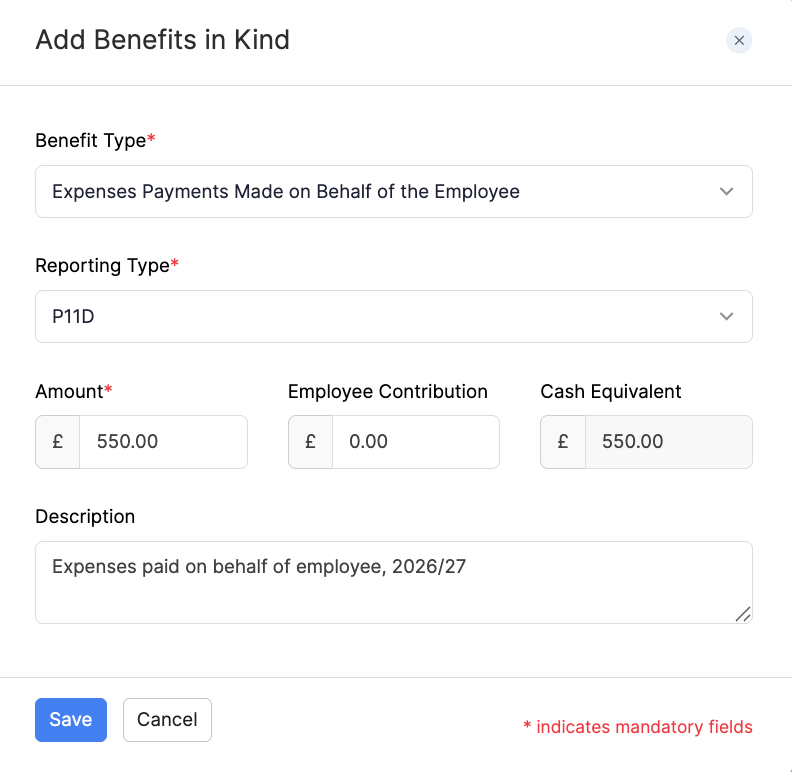 Add Expenses Payments Made on Behalf of the Employee as a Benefit in Kind