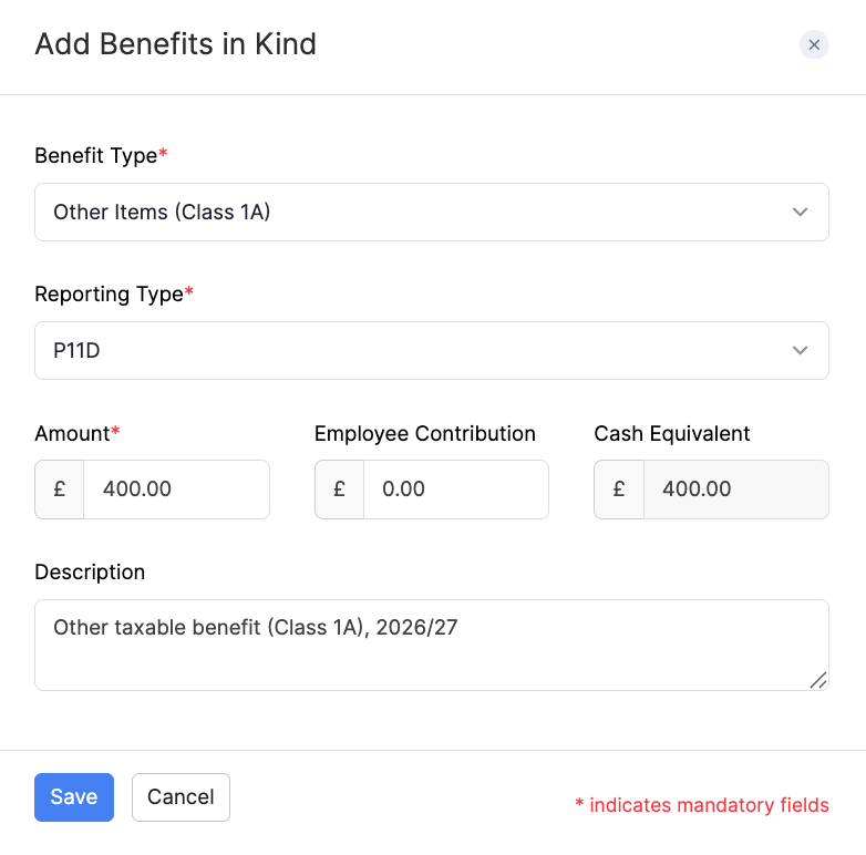 Add Other Items (Class 1A) as a Benefit in Kind