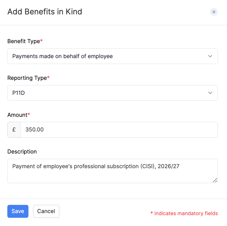 Add Payments made on behalf of employee as a Benefit in Kind